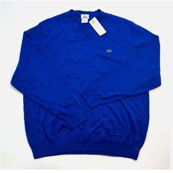 Lacoste V-Neck 100% Cotton Pullover Sweater Men's Size 8/XXL Blue New - Picture 1 of 10